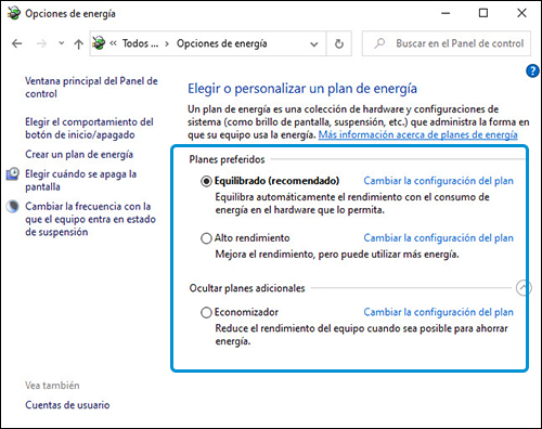 Modo de energía de Windows
